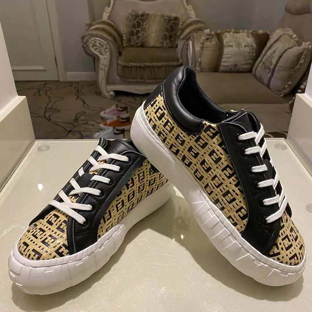 Top view of Fendi Women Sneakers Natural Raffia Low-Tops-Beige lace-up closure