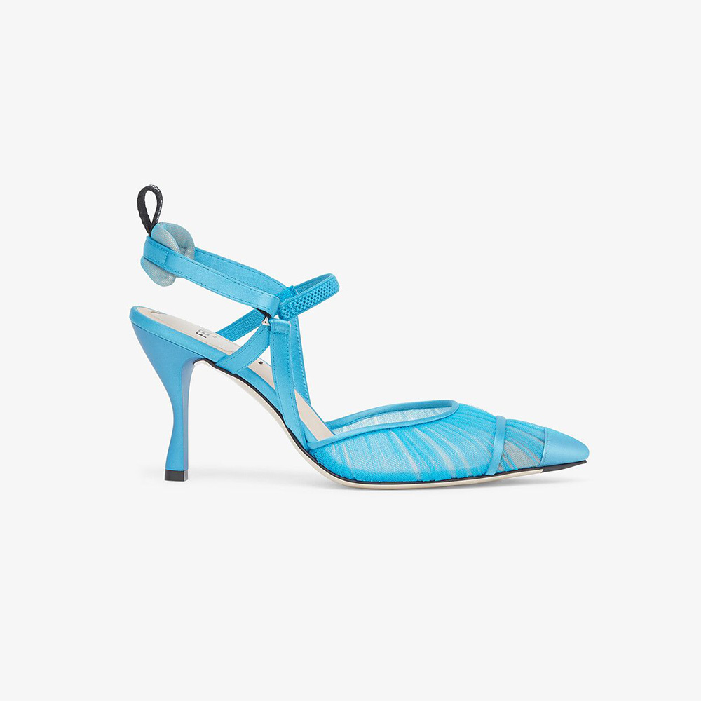 Side view of Fendi Women Turquoise Tulle and Satin Colibri Slingbacks in 80mm Heel-Blue