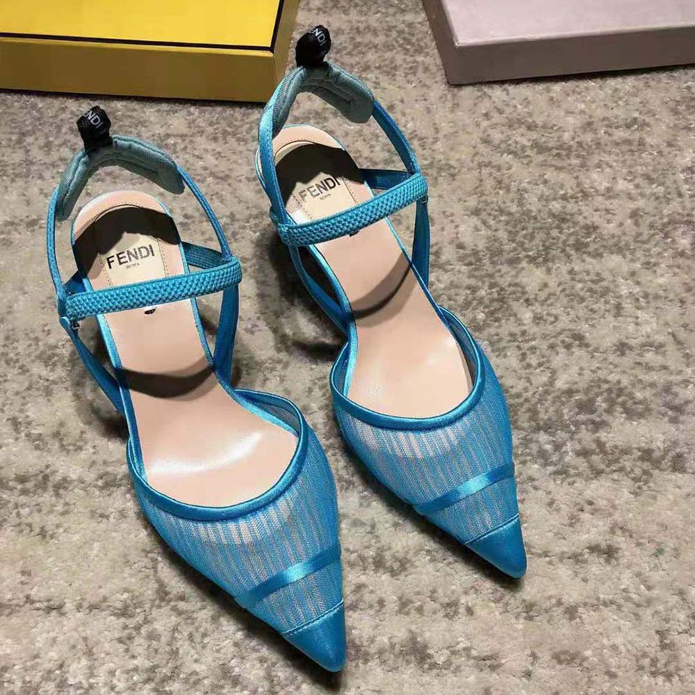 Close-up of turquoise tulle and satin material on Fendi Colibri Slingbacks