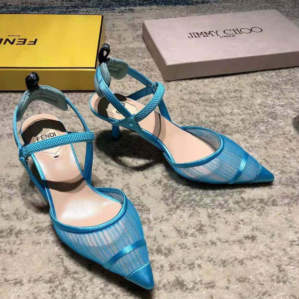 Back view showing blue buckle and heel of Fendi Colibri Slingbacks
