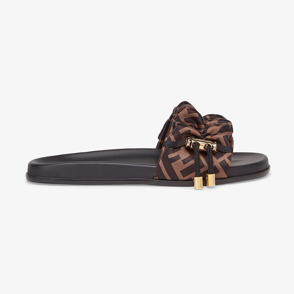 Side view of Fendi Women Vertigo Brown Satin Slides showing satin upper