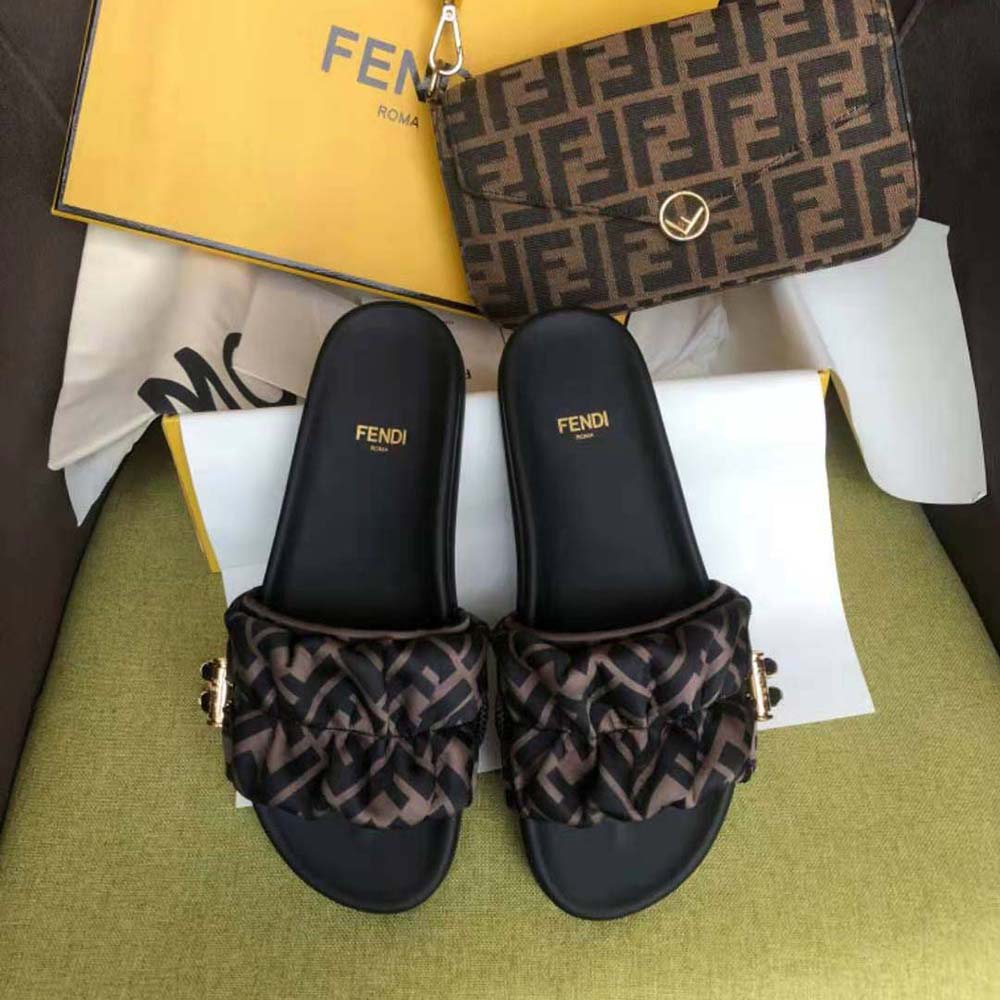 Fendi Women Vertigo Brown Satin Slides - image 4