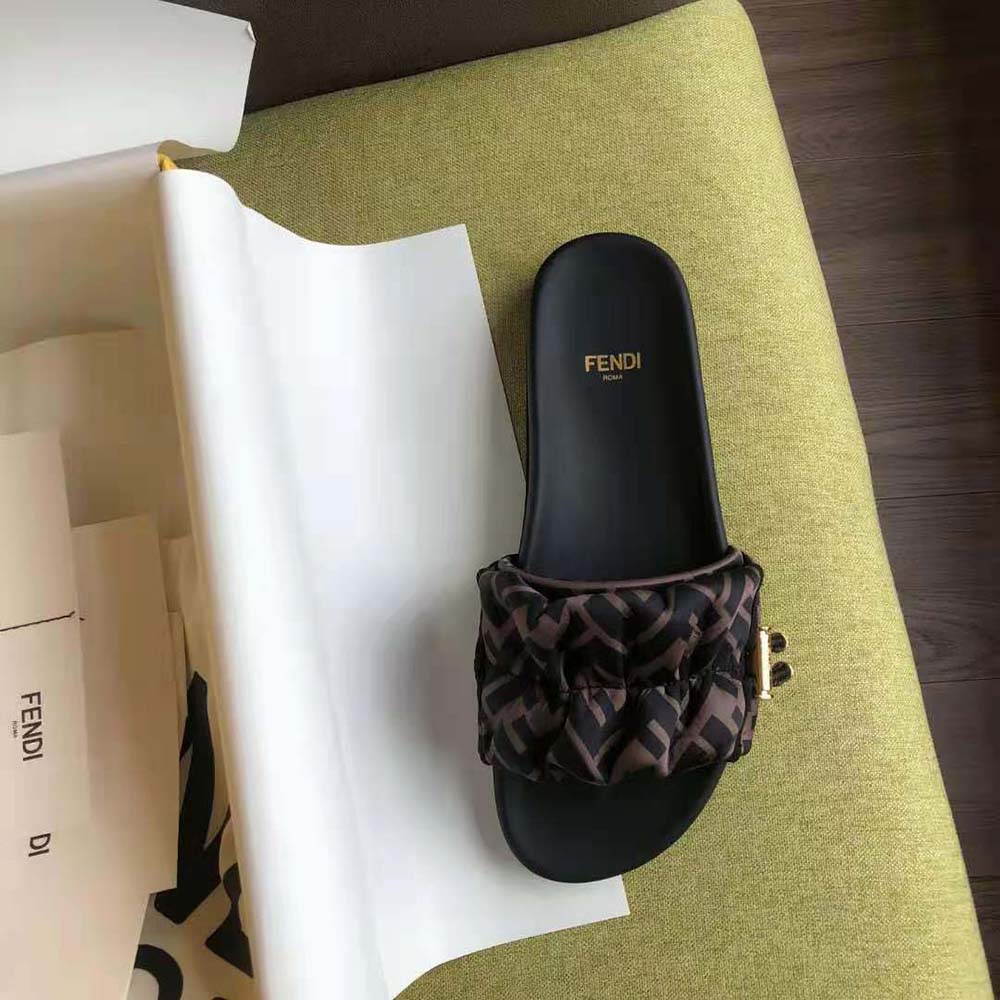 Fendi Women Vertigo Brown Satin Slides - image 9