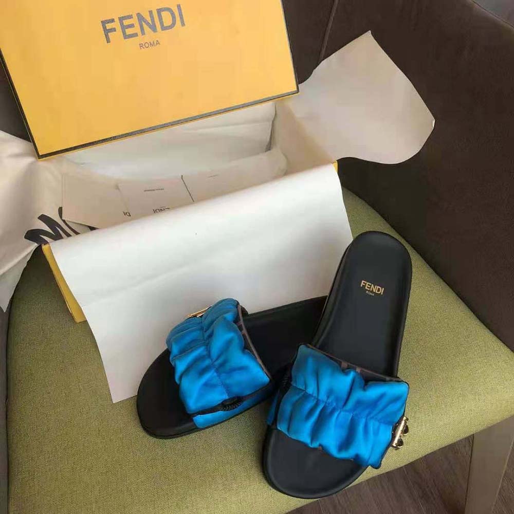 Top view of Fendi Women Vertigo Light Blue Satin Slides open toe design