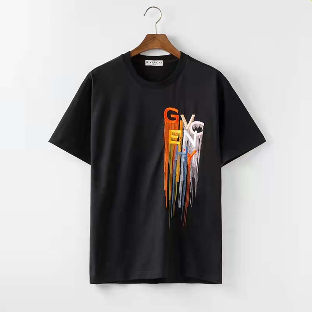 Close-up detail of multicolored embroidery on Givenchy Men T-shirt