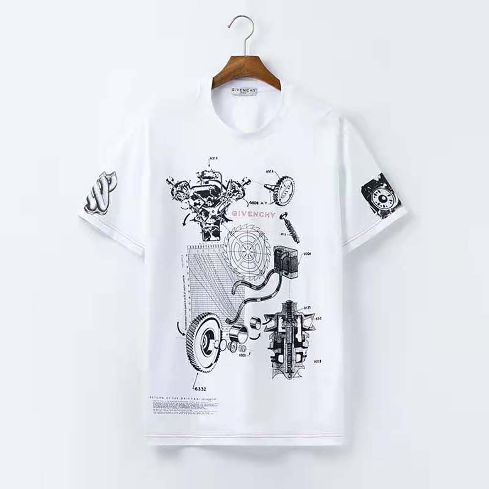 Close-up of red GIVENCHY signature on white T-shirt chest