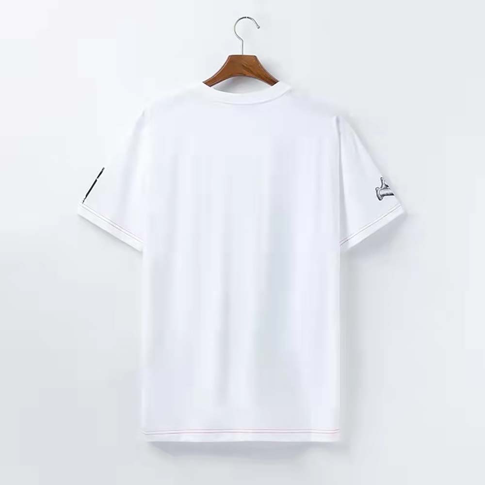 Side angle showing classic crew neck on Givenchy white T-shirt
