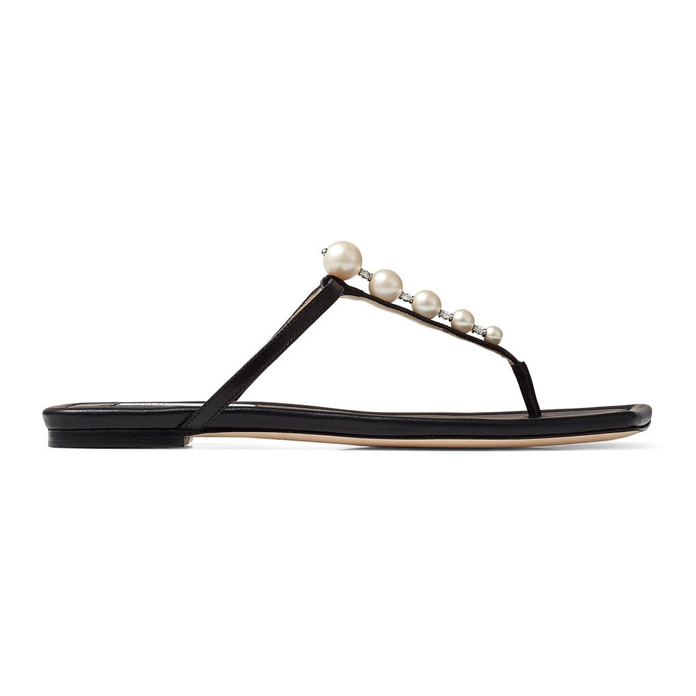 Side angle of Jimmy Choo Women Alaina Flat Black Nappa Leather Flats with pearl detail
