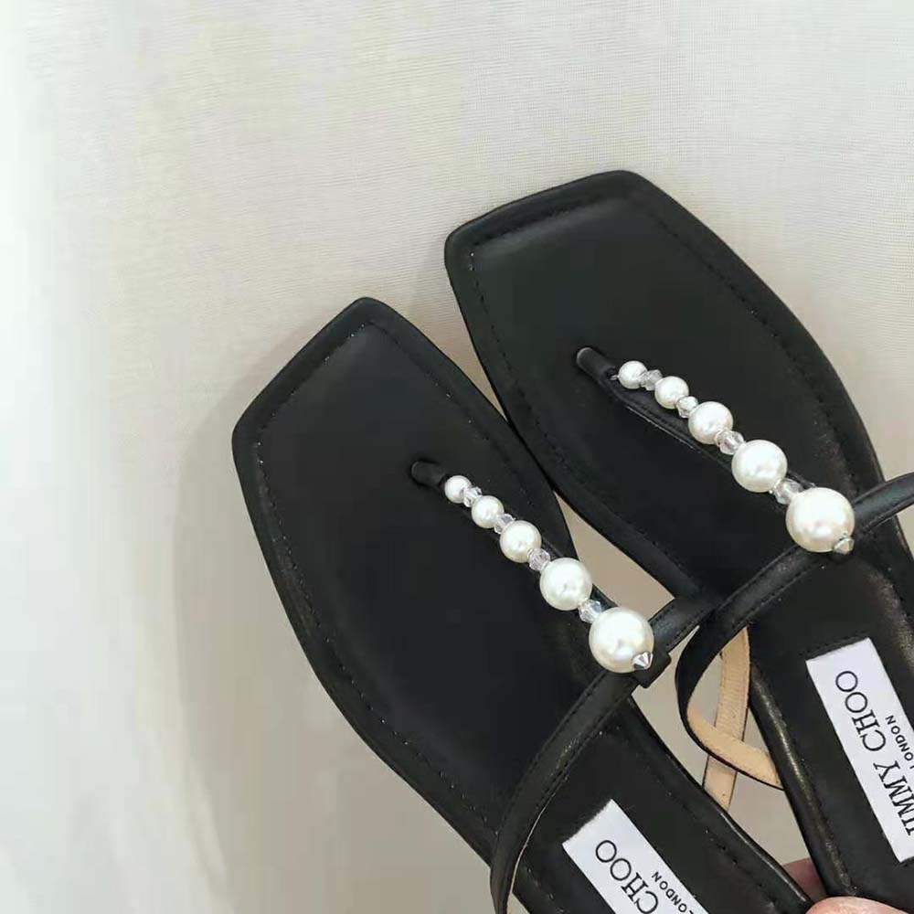 Jimmy Choo Women Alaina Flat Black Nappa Leather Flats with Pearl Embellishment - image 7