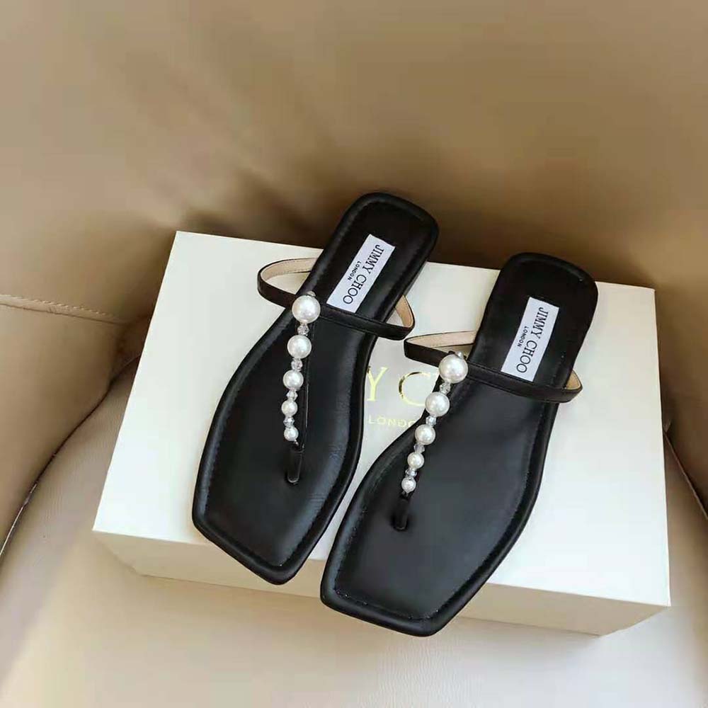 Jimmy Choo Women Alaina Flat Black Nappa Leather Flats with Pearl Embellishment - image 4