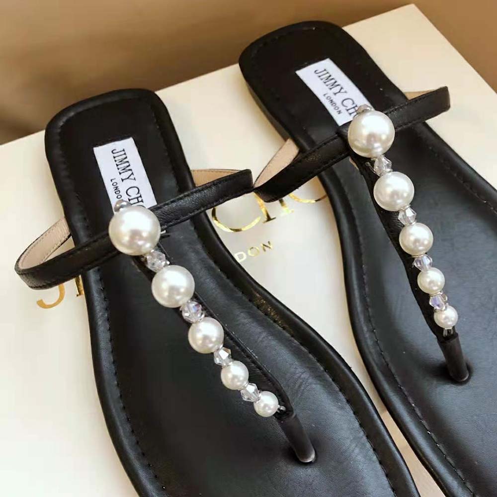Jimmy Choo Women Alaina Flat Black Nappa Leather Flats with Pearl Embellishment - image 8