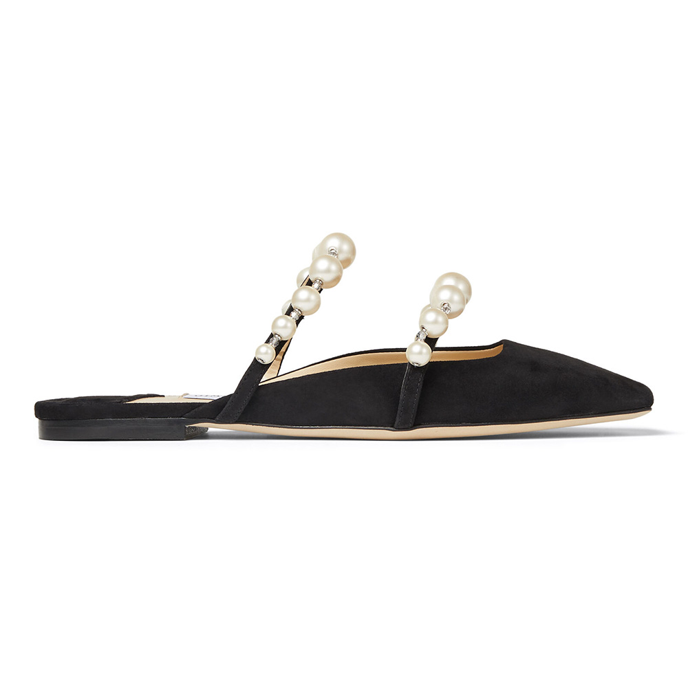 Side view of Jimmy Choo Women Alaina Flat Black Suede Flats with Pearl Embellishment
