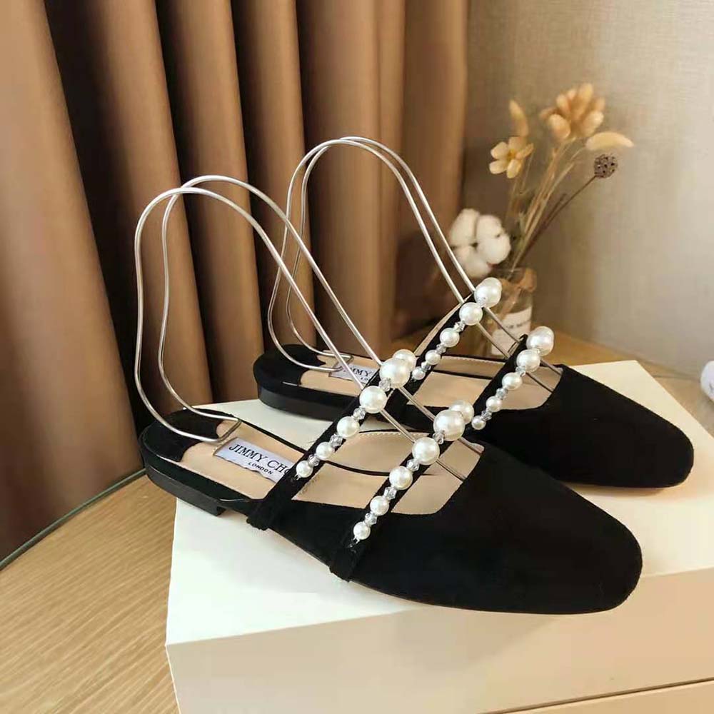 Jimmy Choo Women Alaina Flat Black Suede Flats with Pearl Embellishment - image 5