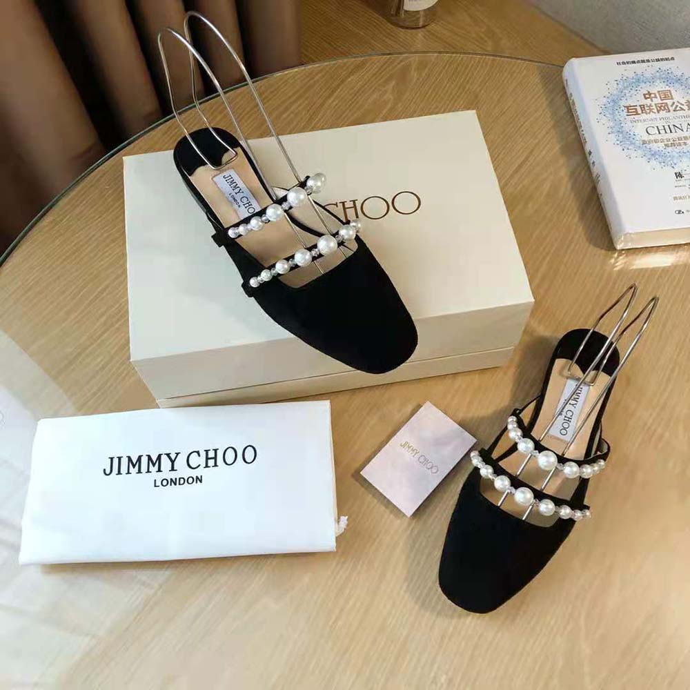 Jimmy Choo Women Alaina Flat Black Suede Flats with Pearl Embellishment - image 4