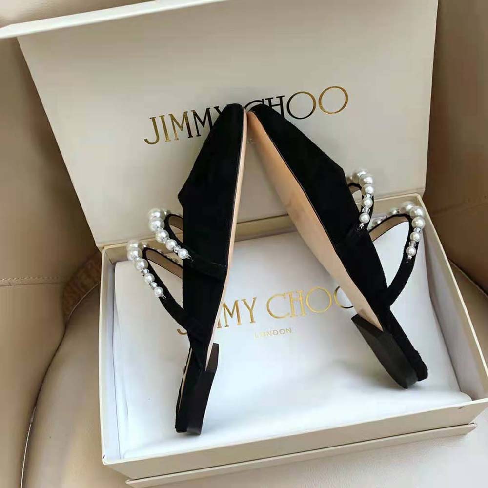 Jimmy Choo Women Alaina Flat Black Suede Flats with Pearl Embellishment - image 6