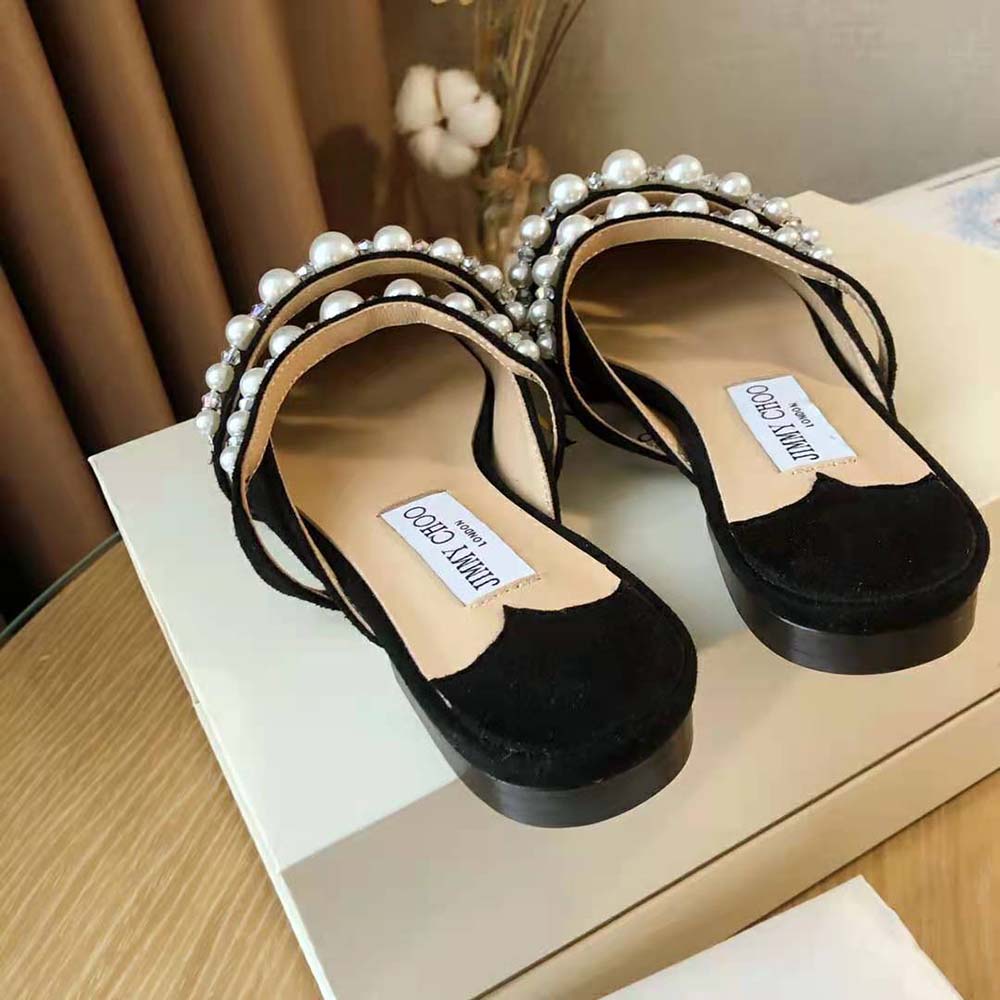 Jimmy Choo Women Alaina Flat Black Suede Flats with Pearl Embellishment - image 8