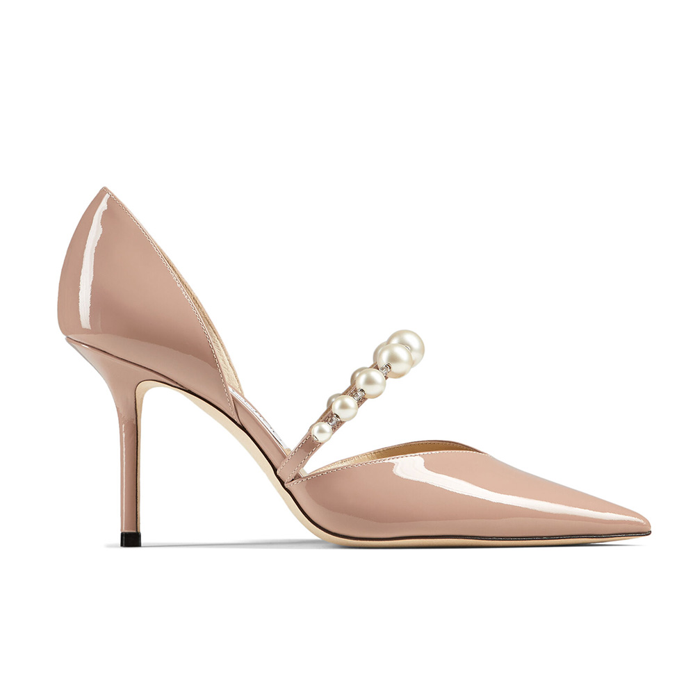 Side profile of Jimmy Choo Women Aurelie 85 Ballet Pink Patent Leather Pointed Pumps with Pearls