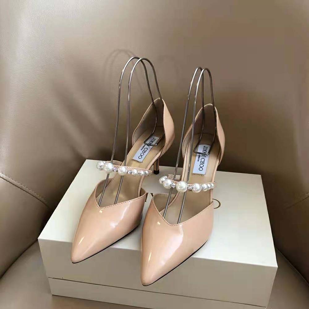 Jimmy Choo Women Aurelie 85 Ballet Pink Patent Leather Pointed Pumps with Pearl Embellishment - image 6