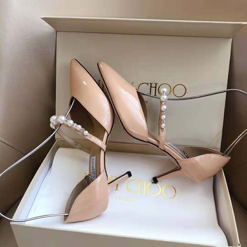 Jimmy Choo Women Aurelie 85 Ballet Pink Patent Leather Pointed Pumps with Pearl Embellishment - image 7