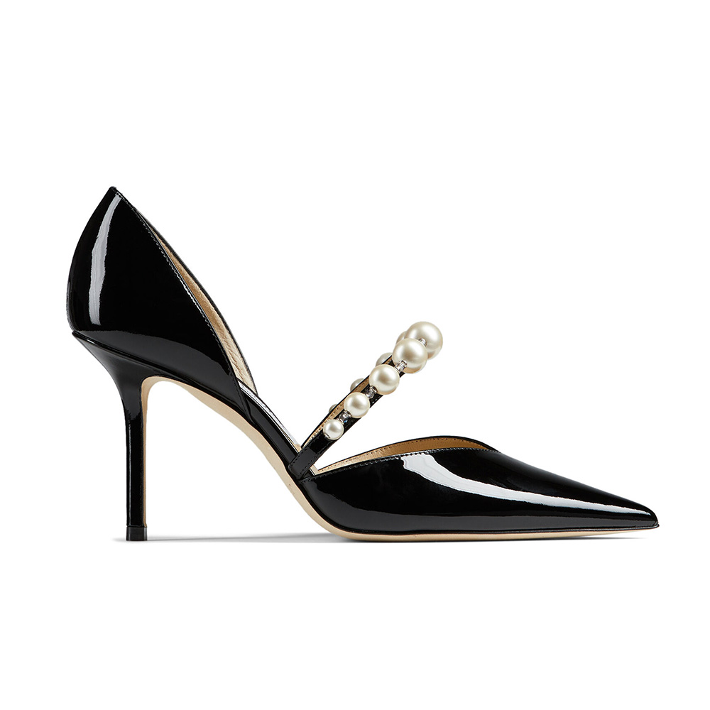 Side profile of Jimmy Choo Women Aurelie 85 Black Patent Leather Pointed Pumps with Pearl Embellishment