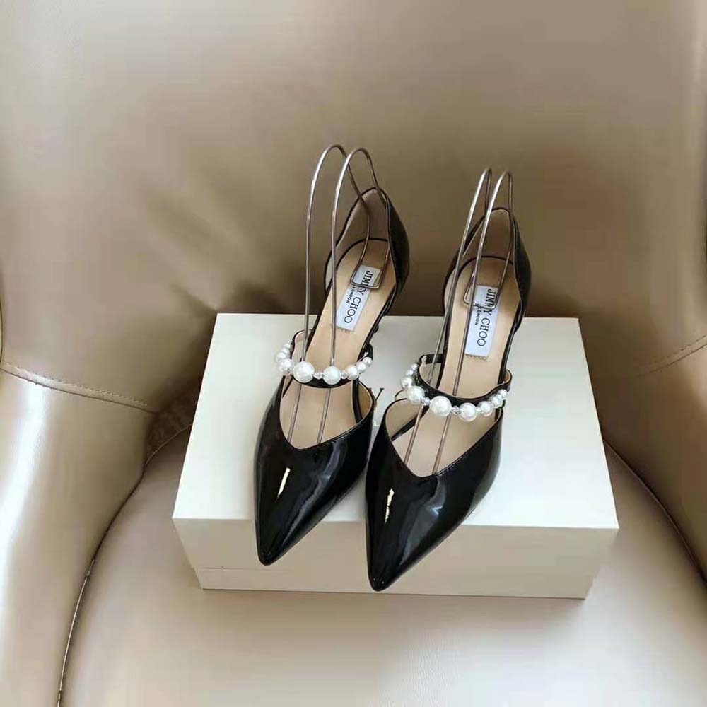 Jimmy Choo Women Aurelie 85 Black Patent Leather Pointed Pumps with Pearl Embellishment - image 5
