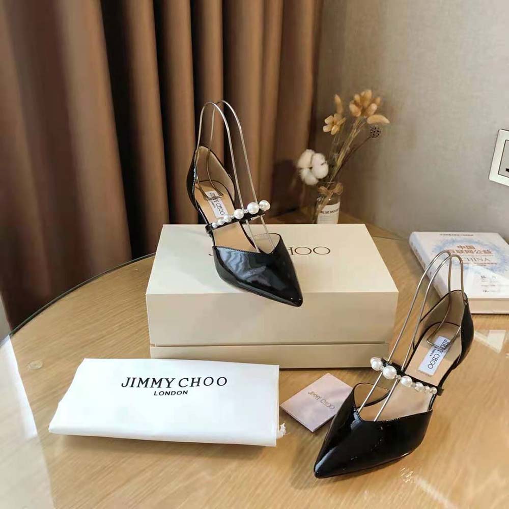 Jimmy Choo Women Aurelie 85 Black Patent Leather Pointed Pumps with Pearl Embellishment - image 6