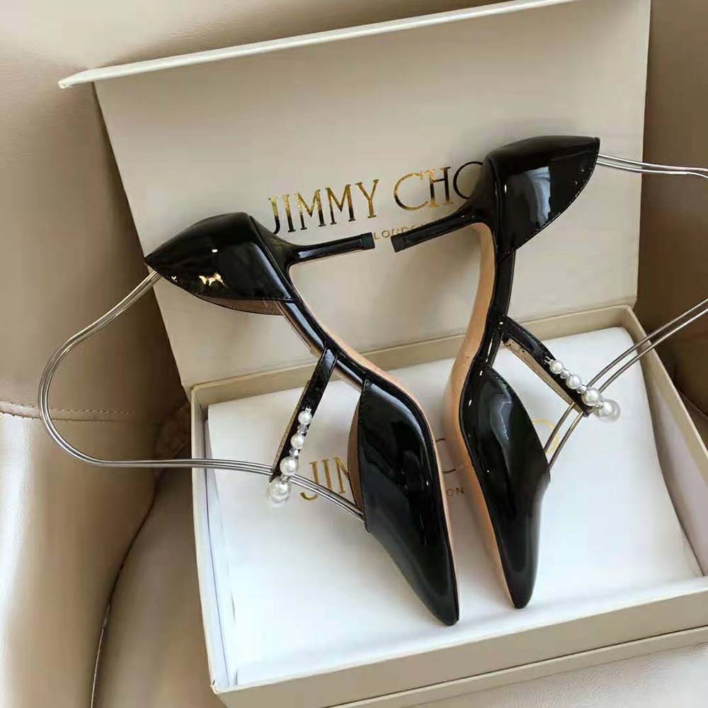 Jimmy Choo Women Aurelie 85 Black Patent Leather Pointed Pumps with Pearl Embellishment - image 4