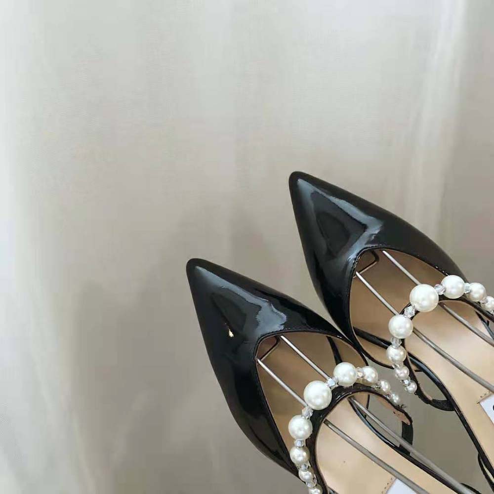 Jimmy Choo Women Aurelie 85 Black Patent Leather Pointed Pumps with Pearl Embellishment - image 8