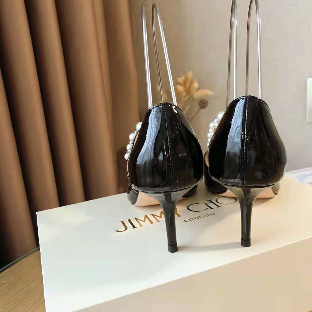 Jimmy Choo Women Aurelie 85 Black Patent Leather Pointed Pumps with Pearl Embellishment - image 7