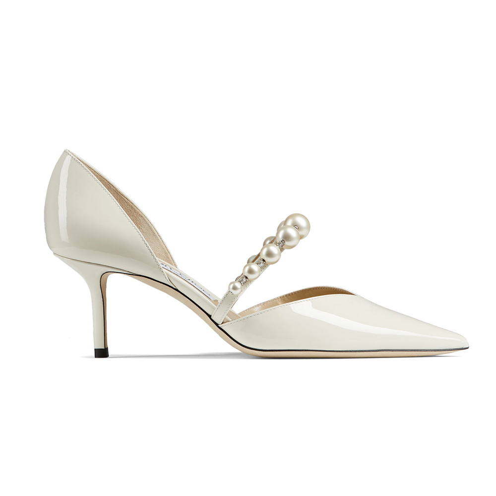 Side view of Jimmy Choo Women Aurelie 85 Latte Patent Leather Pointed Pumps