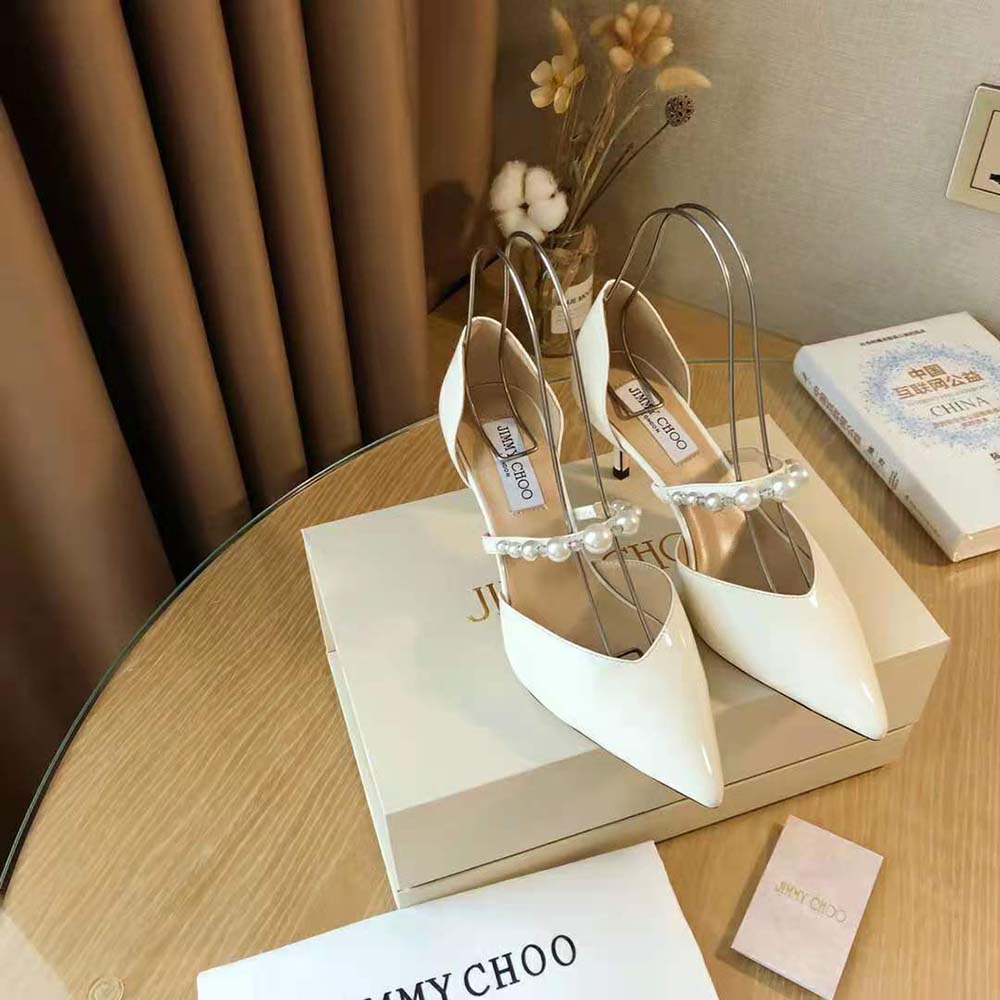 Close-up of pearl embellishment on Jimmy Choo Women Aurelie 85 pumps