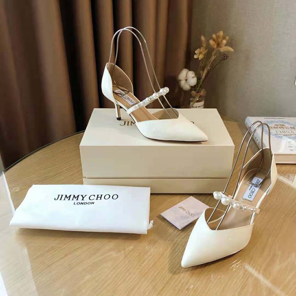 Jimmy Choo Women Aurelie 85 Latte Patent Leather Pointed Pumps with Pearl Embellishment - image 6