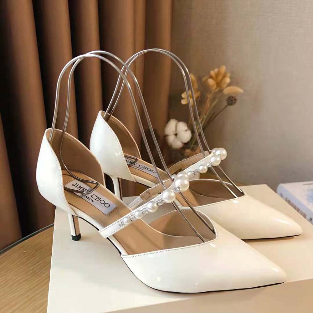 Jimmy Choo Women Aurelie 85 Latte Patent Leather Pointed Pumps with Pearl Embellishment - image 4