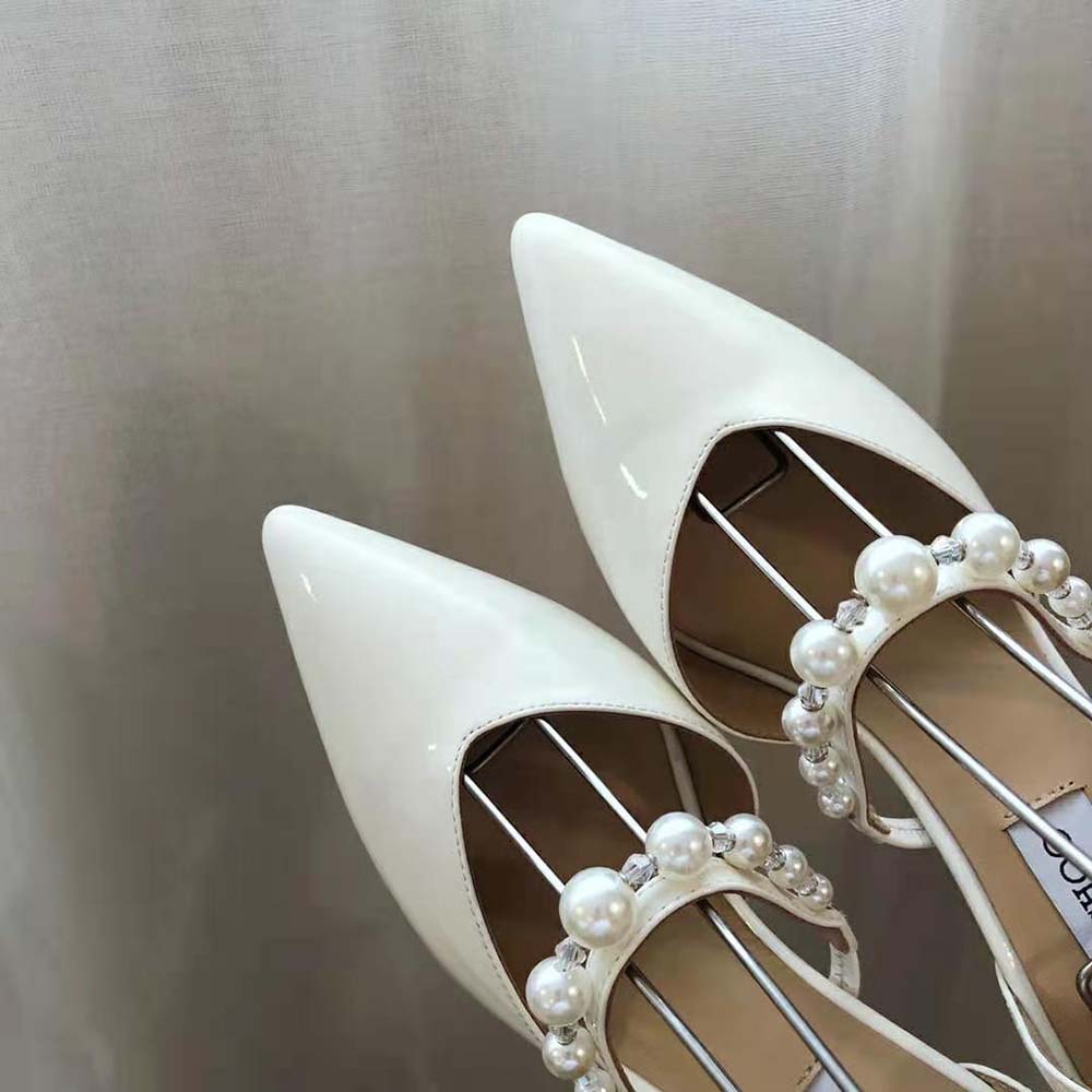 Jimmy Choo Women Aurelie 85 Latte Patent Leather Pointed Pumps with Pearl Embellishment - image 8