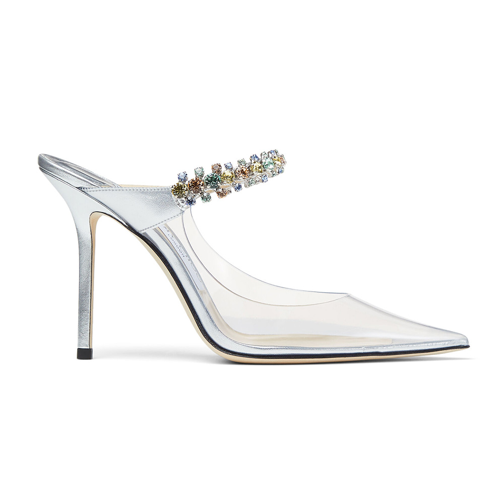 Side view of Jimmy Choo Women Bing 100 Clear Plexi Mules crystal strap detail