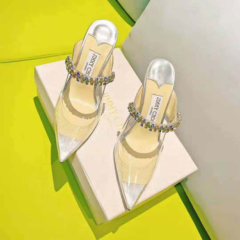 Close-up of multicoloured crystal strap on Jimmy Choo Bing 100 mules