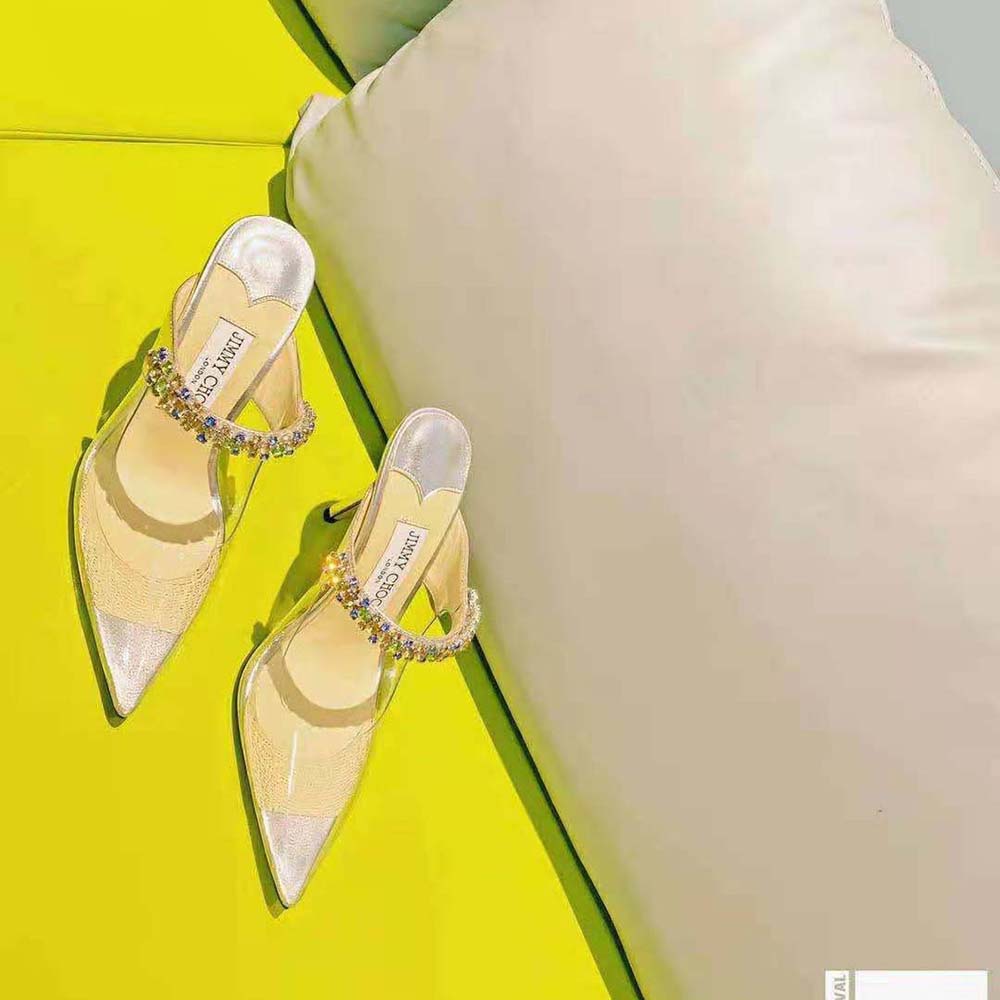 Back angle showing 100mm heel on Jimmy Choo Bing 100 Clear Plexi Mules