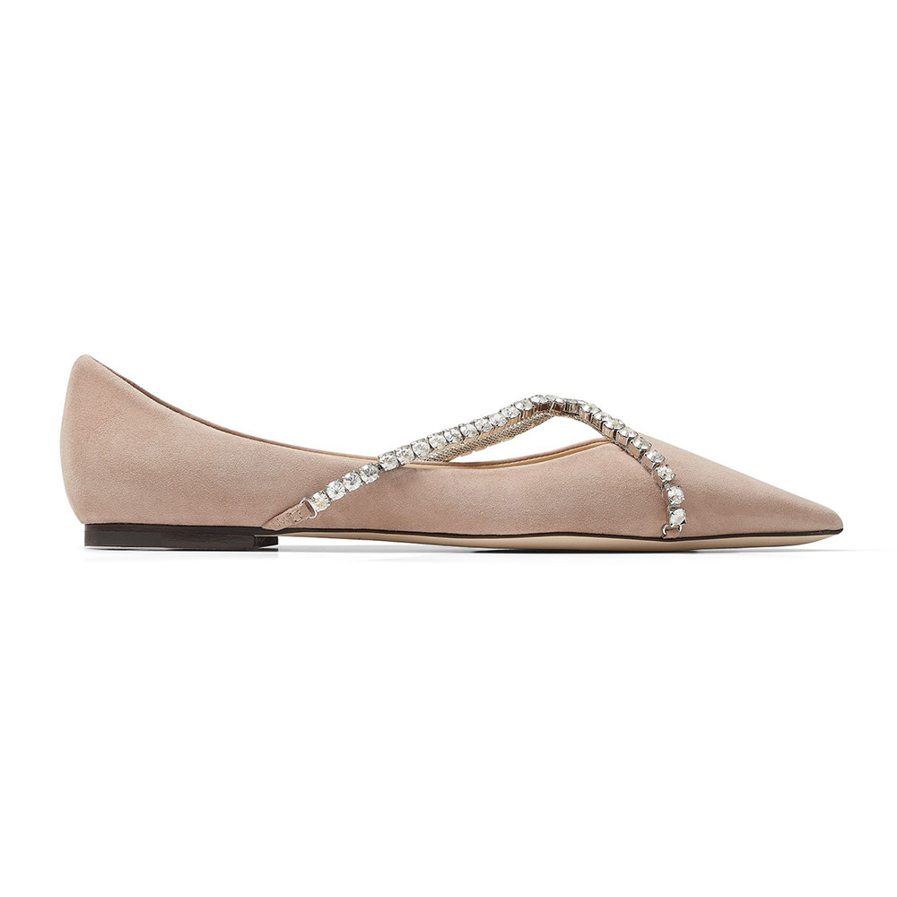Side angle of Jimmy Choo Women Genevi Flat Ballet Pink Pointed-Toe Flats with Crystal Chain
