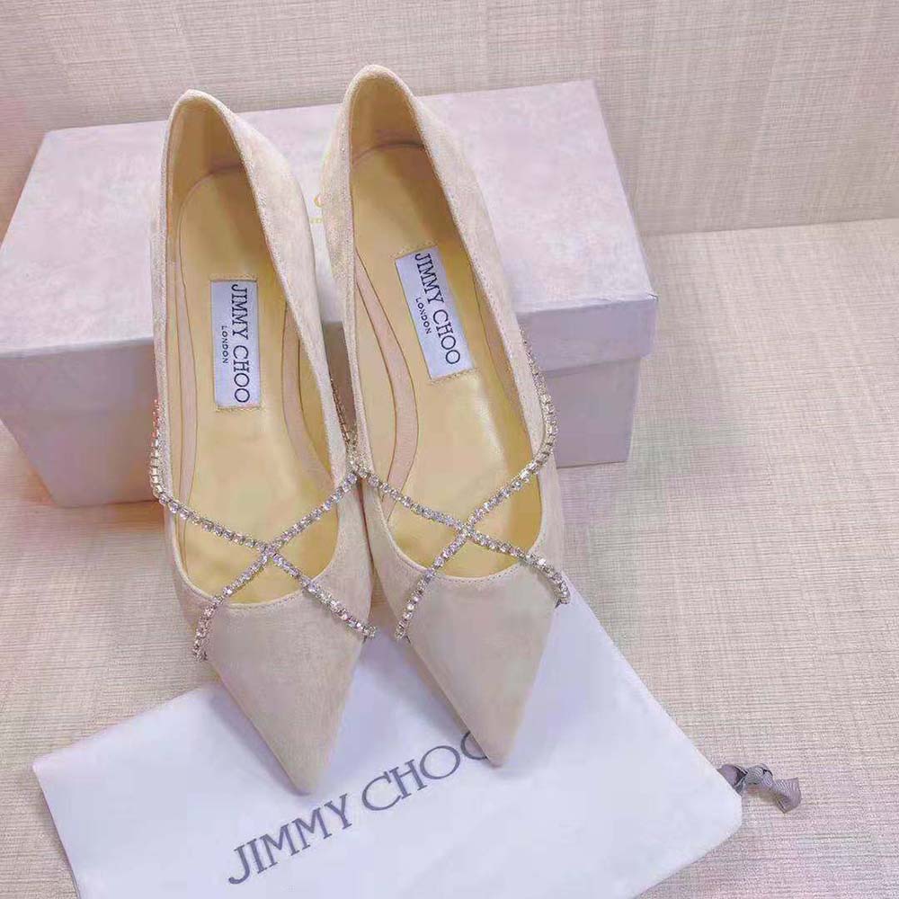 Jimmy Choo Women Genevi Flat Ballet Pink Pointed-Toe Flats with Crystal Chain - image 4
