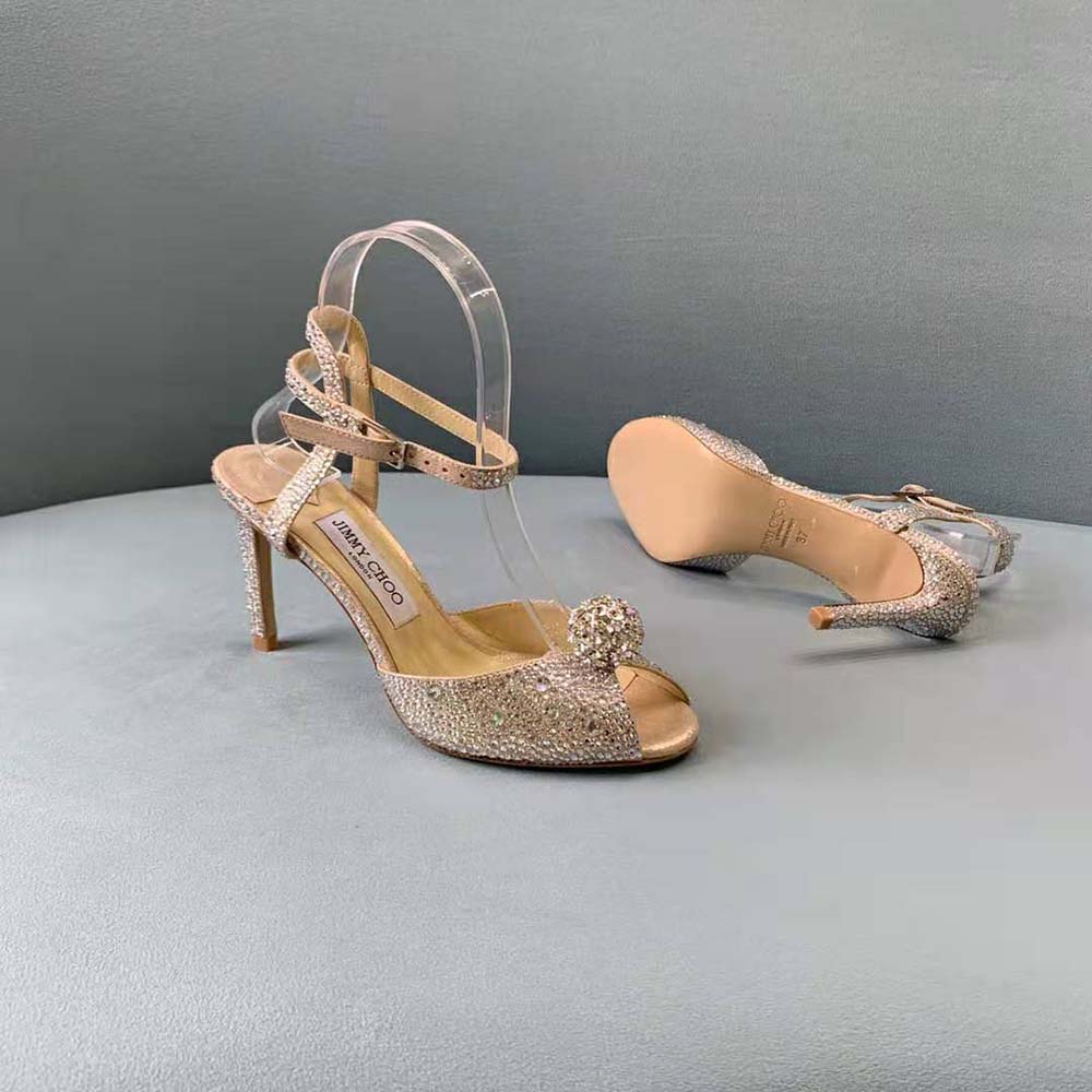 Jimmy Choo Women Sacora 100 Nude Suede Sandals with Hotfix Crystals and Sphere Detail - image 10