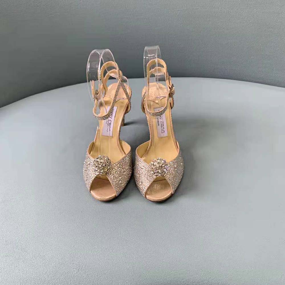 Close-up of hotfix crystals and sphere detail on Jimmy Choo Sacora 100 sandal