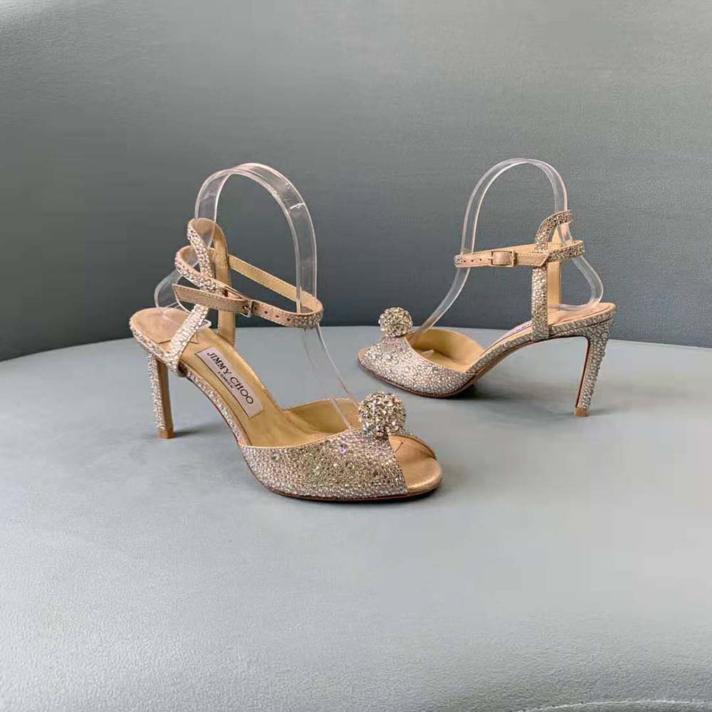 Jimmy Choo Women Sacora 100 Nude Suede Sandals with Hotfix Crystals and Sphere Detail - image 9
