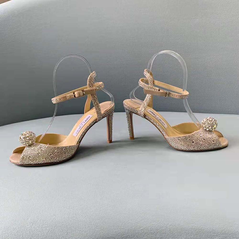Jimmy Choo Women Sacora 100 Nude Suede Sandals with Hotfix Crystals and Sphere Detail - image 8