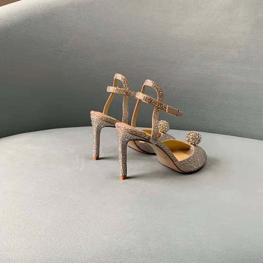 Jimmy Choo Women Sacora 100 Nude Suede Sandals with Hotfix Crystals and Sphere Detail - image 7