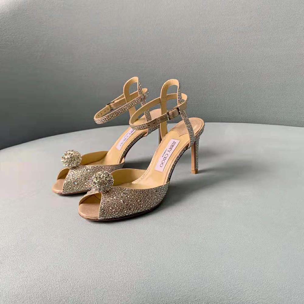 Jimmy Choo Women Sacora 100 Nude Suede Sandals with Hotfix Crystals and Sphere Detail - image 6