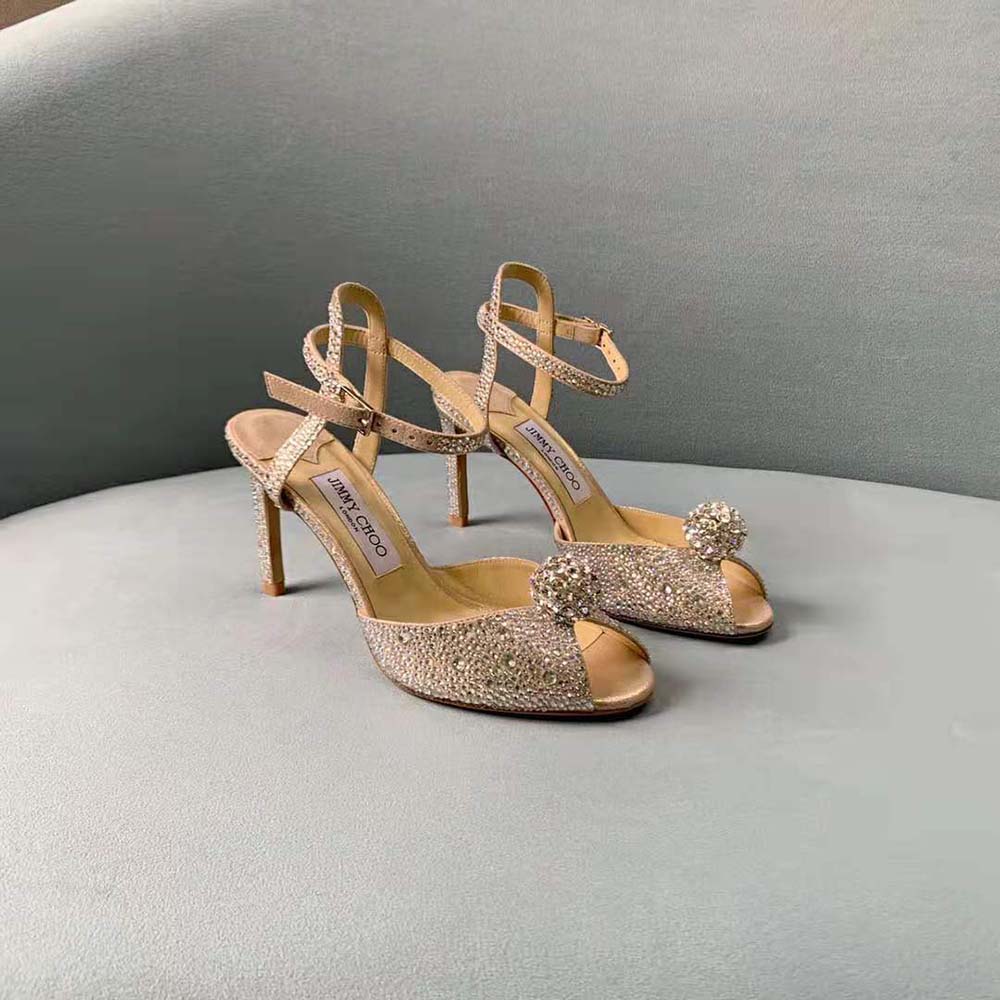 Jimmy Choo Women Sacora 100 Nude Suede Sandals with Hotfix Crystals and Sphere Detail - image 5