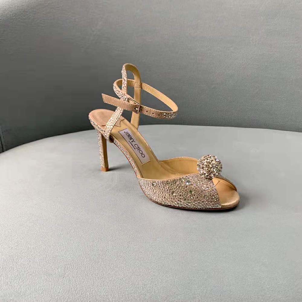 Jimmy Choo Women Sacora 100 Nude Suede Sandals with Hotfix Crystals and Sphere Detail - image 4