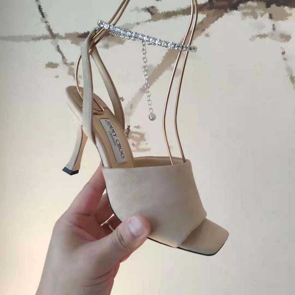 Jimmy Choo Women Sae 90 Ballet Pink Suede Sandals with Crystal Chain Embellishment - image 7