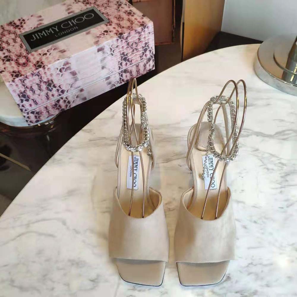 Jimmy Choo Women Sae 90 Ballet Pink Suede Sandals with Crystal Chain Embellishment - image 4