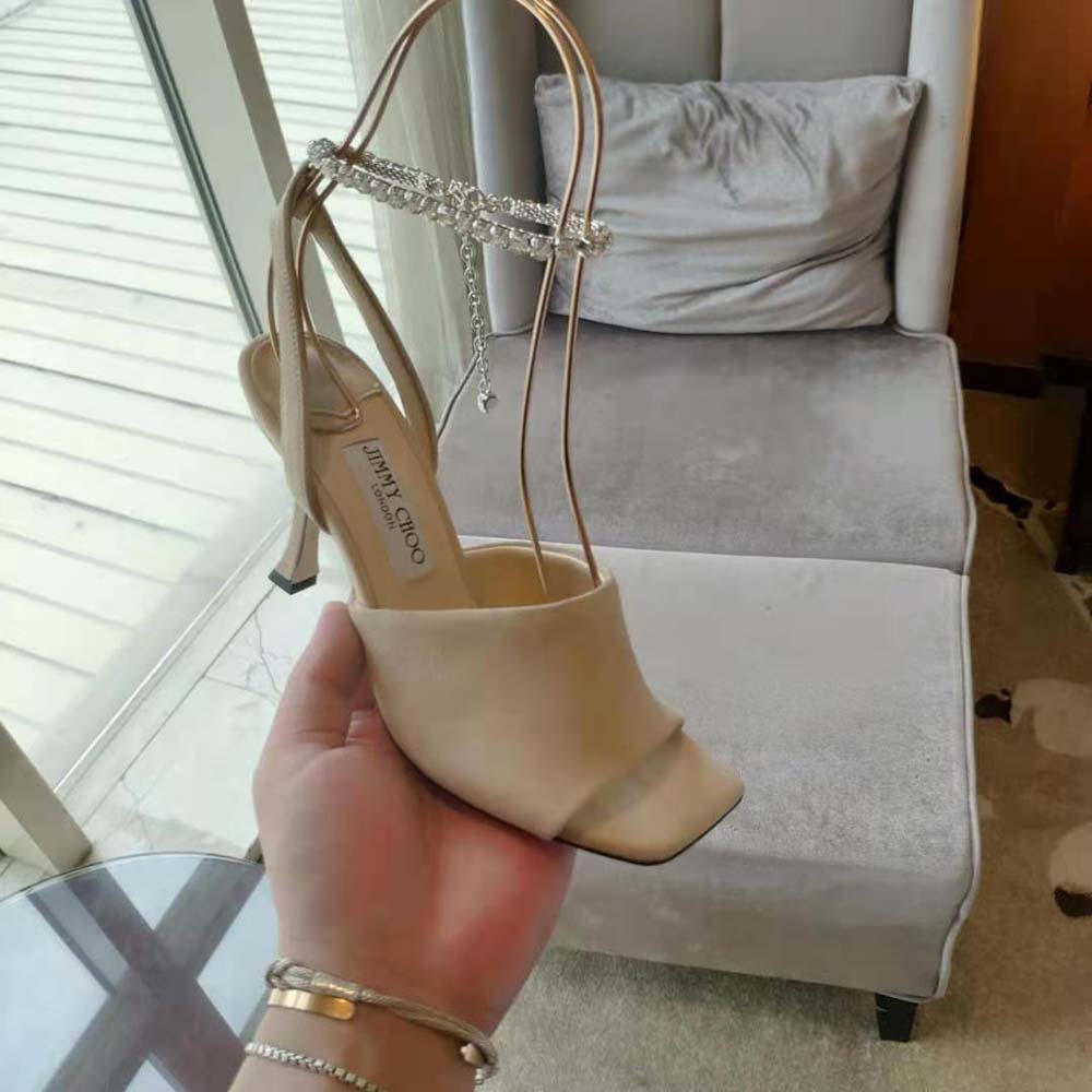 Jimmy Choo Women Sae 90 Ballet Pink Suede Sandals with Crystal Chain Embellishment - image 9